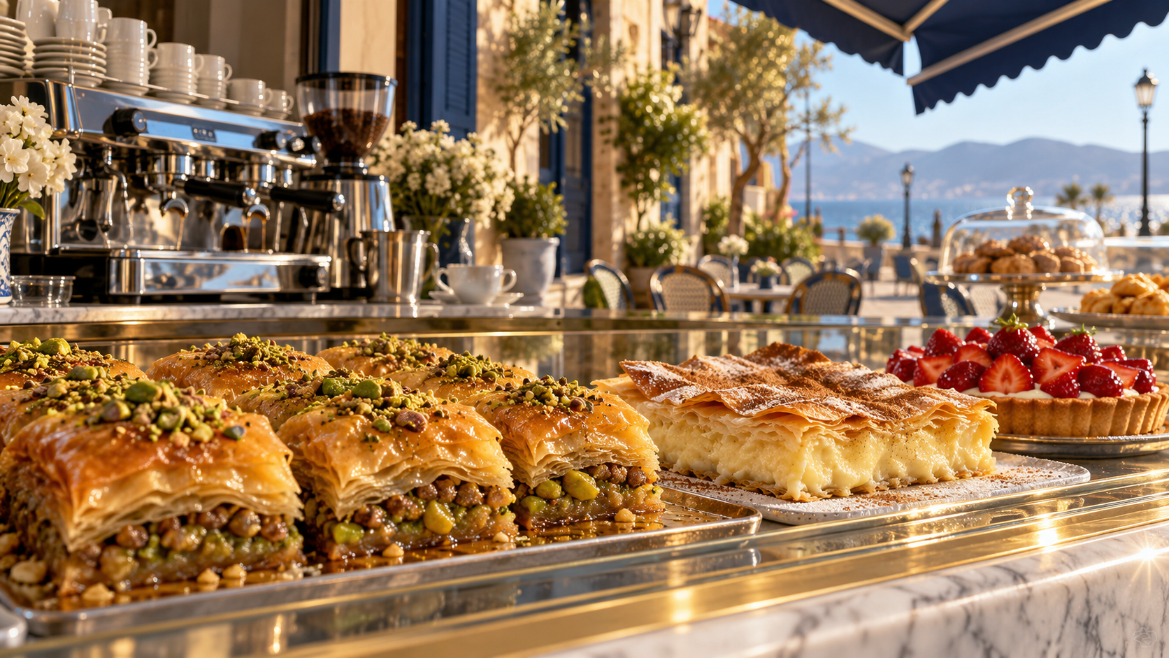 Illustration of a sunlit pastry case with baklava, custard slice and fruit tart