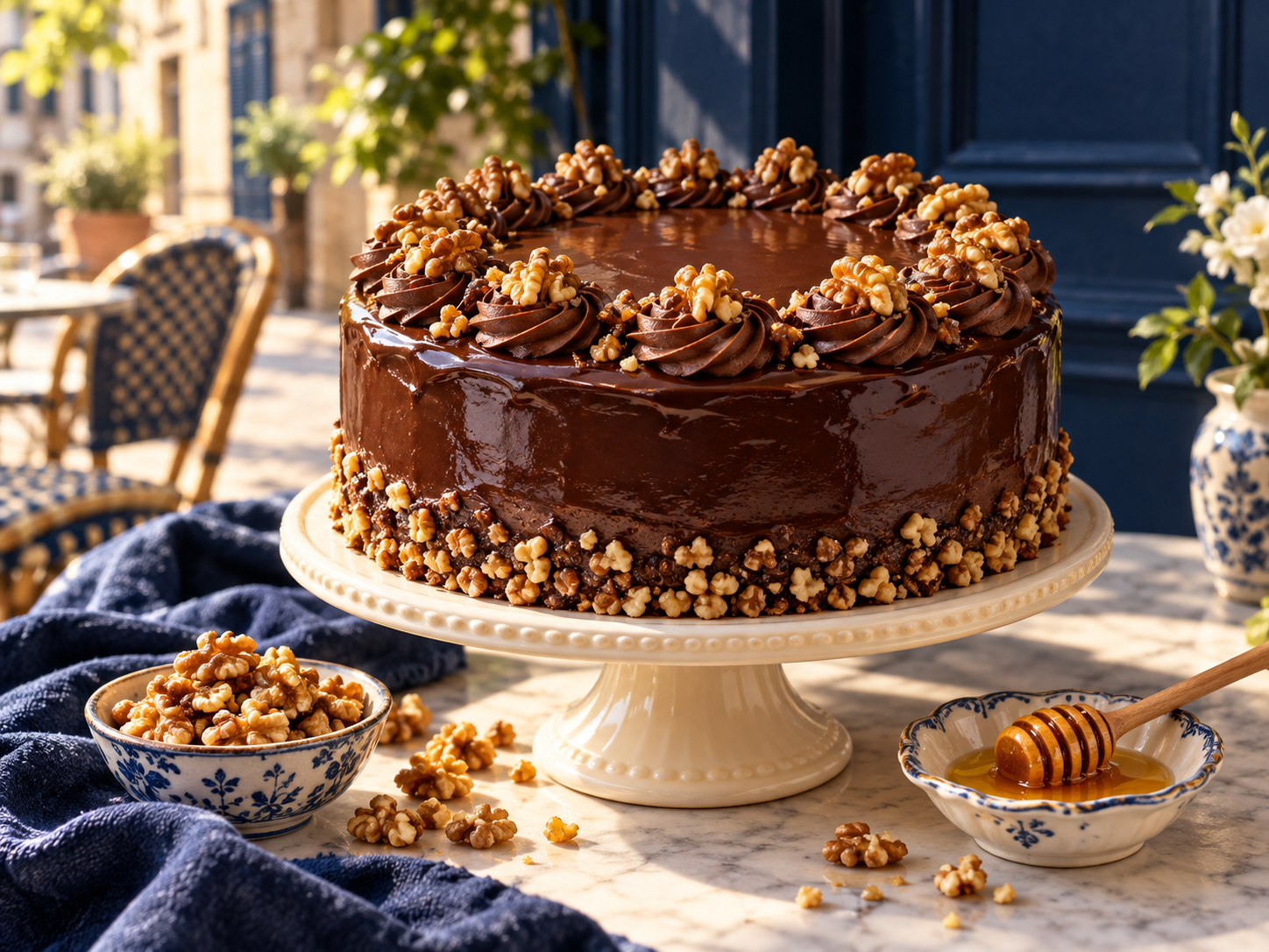 Illustration of a whole chocolate layer cake with ganache on a cream stand